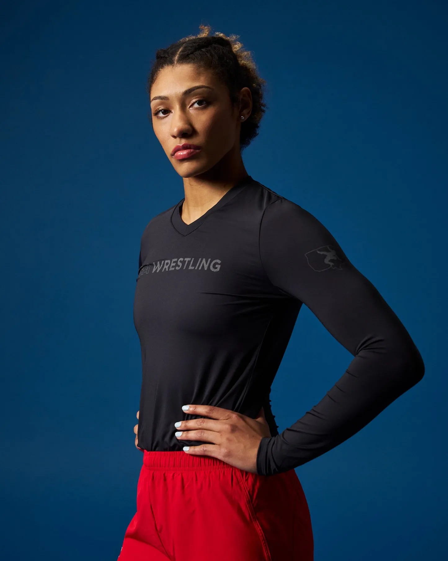 Shirts & Tees>RUDIS USA Wrestling Wordmark Performance Women's V-Neck Long Sleeve Lunar Gray